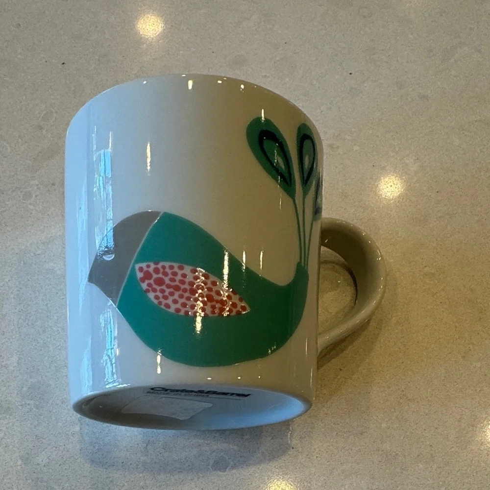 Crate&Barrel Elvis swift bird, White Mug with Teal and Pink Bird Design